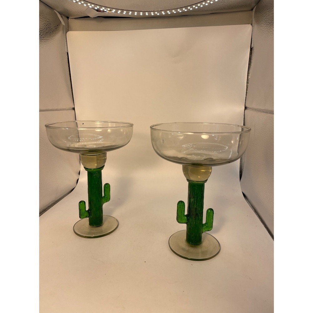 Hand Blown Margarita Glasses Saguaro Cactus Set Of Two 5.75" Tall